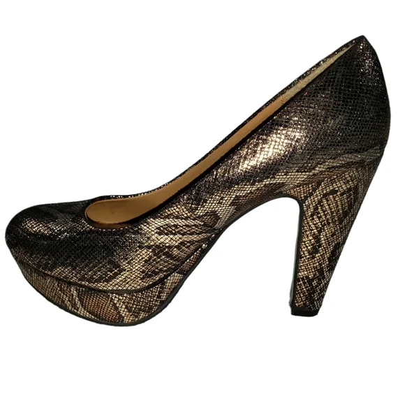 Brown Metallic Snake Print Platform Block Heels Women Sz 7 Career Workwear Pumps - Picture 6 of 13